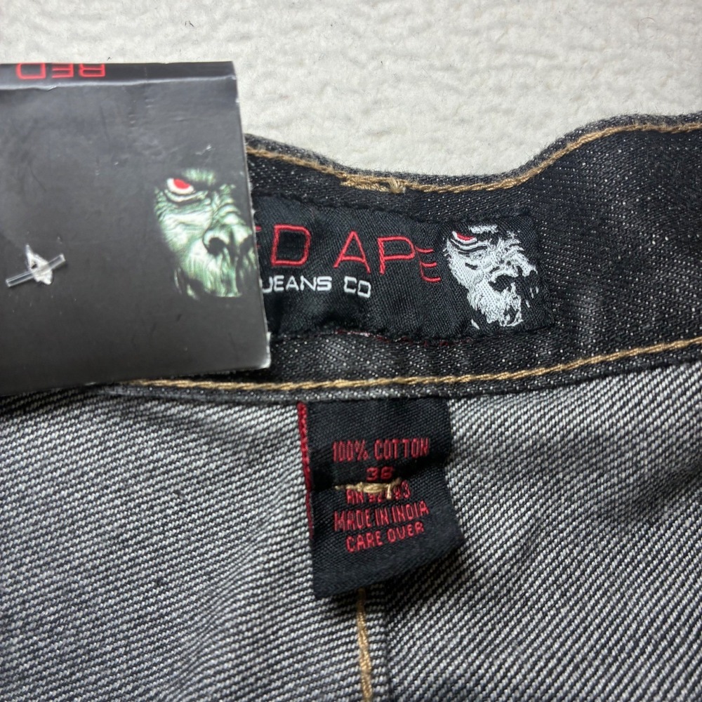 Y2K Red Ape Baggy Jeans Men 36x32 Black Embroidered Loose Straight Relaxed NWT - Picture 5 of 8